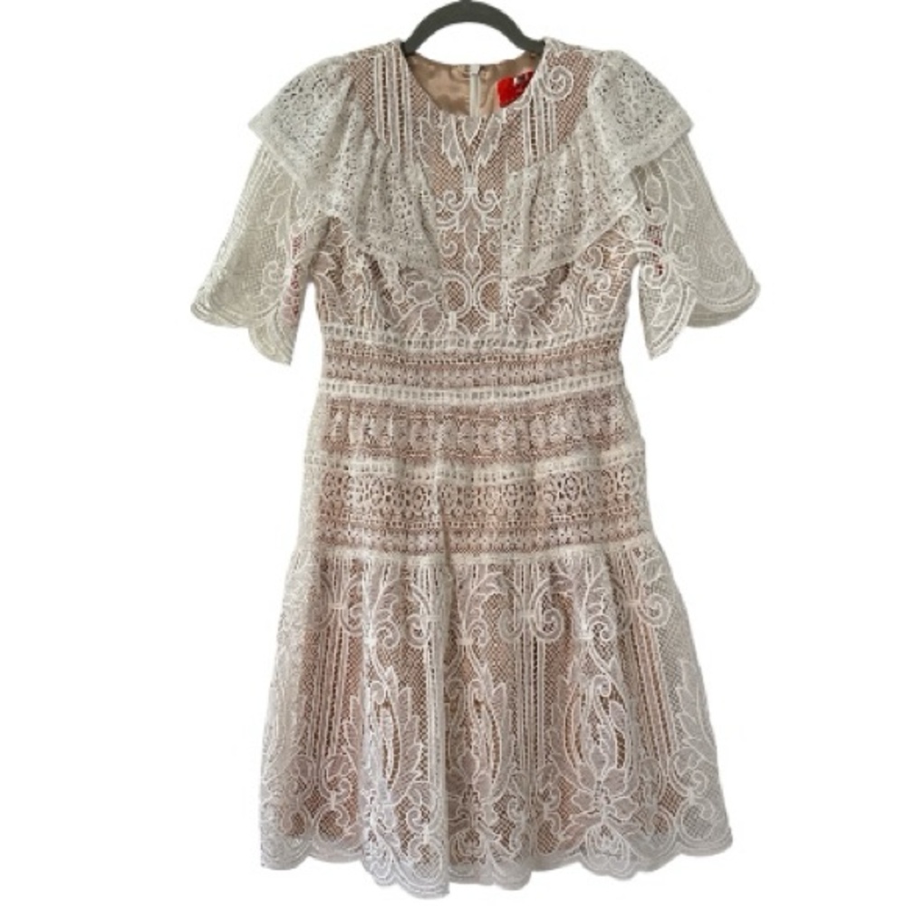 ML Monique Lhuillier White Lace Mini Dress Size 4 - Picture 2 of 10